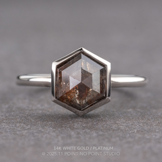 1.40 Carat Black Salt and Pepper Hexagon Diamond Engagement Ring, Bezel Jane Setting, Point No Point Studio. Available in a variety of metal types. Eco-friendly, Recycled Metals, Conflict Free.
