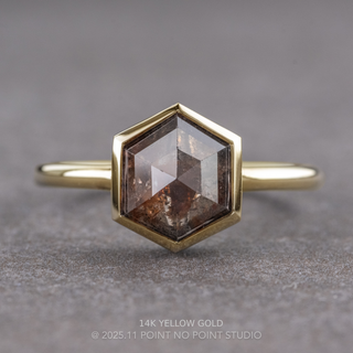 1.40 Carat Black Salt and Pepper Hexagon Diamond Engagement Ring, Bezel Jane Setting, Point No Point Studio. Available in a variety of metal types. Eco-friendly, Recycled Metals, Conflict Free.