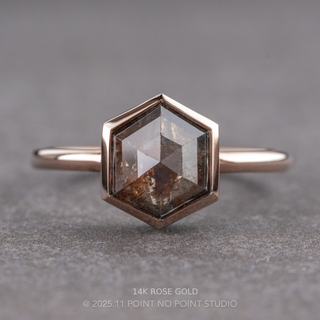 1.40 Carat Black Salt and Pepper Hexagon Diamond Engagement Ring, Bezel Jane Setting, Point No Point Studio. Available in a variety of metal types. Eco-friendly, Recycled Metals, Conflict Free.