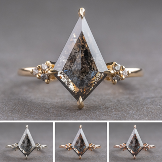 2.23 Carat Black Salt and Pepper Kite Diamond Engagement Ring, Ombre Quinn Setting, Point No Point Studio. Available in a variety of metal types. Eco-friendly, Recycled Metals, Conflict Free.