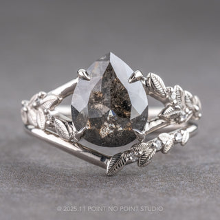 2.31 Carat Black Speckled Pear Diamond Engagement Ring, Magnolia Setting, Platinum
