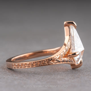 1.35 Carat Kite Moissanite Engagement Ring, Engraved Split Shank Jane Setting, 14k Rose Gold