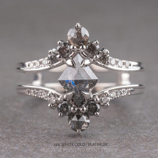 1.23 Carat Salt and Pepper Lozenge Diamond Engagement Ring, Empress Setting, Point No Point Studio. Available in a variety of metal types. Eco-friendly, Recycled Metals, Conflict Free.