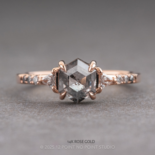 1.36 Carat Salt and Pepper Hexagon Diamond Engagement Ring, Ombre Eliza Setting, Point No Point Studio. Available in a variety of metal types. Eco-friendly, Recycled Metals, Conflict Free.