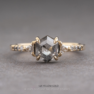 1.36 Carat Salt and Pepper Hexagon Diamond Engagement Ring, Ombre Eliza Setting, Point No Point Studio. Available in a variety of metal types. Eco-friendly, Recycled Metals, Conflict Free.