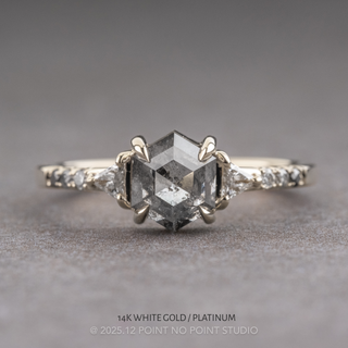 1.36 Carat Salt and Pepper Hexagon Diamond Engagement Ring, Ombre Eliza Setting, Point No Point Studio. Available in a variety of metal types. Eco-friendly, Recycled Metals, Conflict Free.