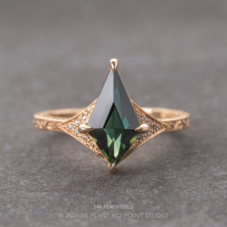 1.67 Carat Teal Kite Sapphire and Diamond Engagement Ring, Engraved Aela Setting, Point No Point Studio. Available in a variety of metal types. Eco-friendly, Recycled Metals, Conflict Free.