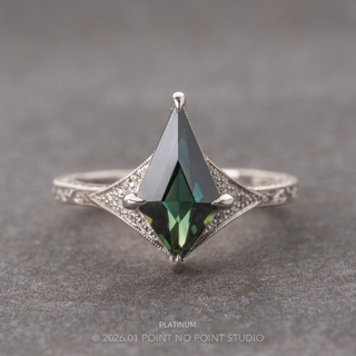 1.67 Carat Teal Kite Sapphire and Diamond Engagement Ring, Engraved Aela Setting, Point No Point Studio. Available in a variety of metal types. Eco-friendly, Recycled Metals, Conflict Free.