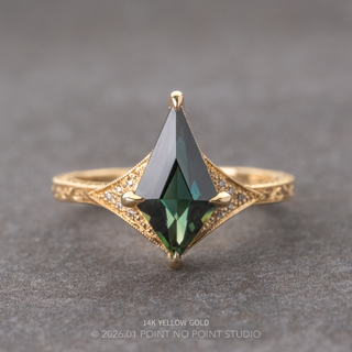 1.67 Carat Teal Kite Sapphire and Diamond Engagement Ring, Engraved Aela Setting, Point No Point Studio. Available in a variety of metal types. Eco-friendly, Recycled Metals, Conflict Free.