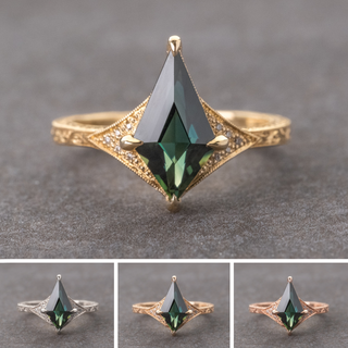 1.67 Carat Teal Kite Sapphire and Diamond Engagement Ring, Engraved Aela Setting, Point No Point Studio. Available in a variety of metal types. Eco-friendly, Recycled Metals, Conflict Free.