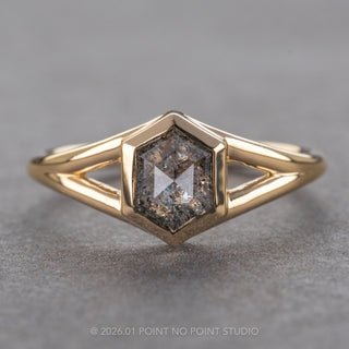 1.09 Carat Canadian Salt and Pepper Hexagon Diamond Engagement Ring, Split Shank Bezel Jane Setting, Point No Point Studio. Available in a variety of metal types. Eco-friendly, Recycled Metals, Conflict Free.