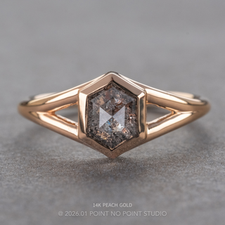 1.09 Carat Canadian Salt and Pepper Hexagon Diamond Engagement Ring, Split Shank Bezel Jane Setting, Point No Point Studio. Available in a variety of metal types. Eco-friendly, Recycled Metals, Conflict Free.