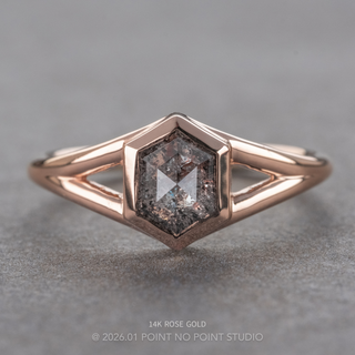 1.09 Carat Canadian Salt and Pepper Hexagon Diamond Engagement Ring, Split Shank Bezel Jane Setting, Point No Point Studio. Available in a variety of metal types. Eco-friendly, Recycled Metals, Conflict Free.