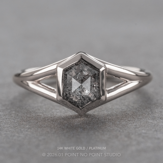 1.09 Carat Canadian Salt and Pepper Hexagon Diamond Engagement Ring, Split Shank Bezel Jane Setting, Point No Point Studio. Available in a variety of metal types. Eco-friendly, Recycled Metals, Conflict Free.