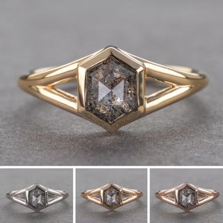 1.09 Carat Canadian Salt and Pepper Hexagon Diamond Engagement Ring, Split Shank Bezel Jane Setting, Point No Point Studio. Available in a variety of metal types. Eco-friendly, Recycled Metals, Conflict Free.