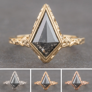 2.81 Carat Black Salt and Pepper Kite Diamond Engagement Ring, Bezel Liana Setting