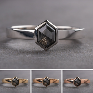 1.37 Carat Black Hexagon Diamond Engagement Ring, Bezel Jessie Setting, Point No Point Studio. Available in a variety of metal types. Eco-friendly, Recycled Metals, Conflict Free.