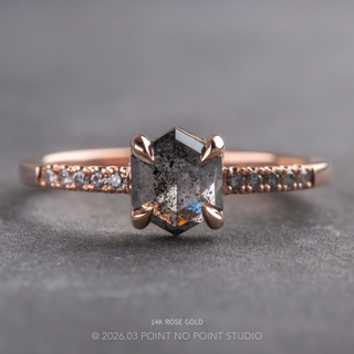 1.31 Carat Salt and Pepper Hexagon Diamond Engagement Ring, Jules Setting, Point No Point Studio. Available in a variety of metal types. Eco-friendly, Recycled Metals, Conflict Free.