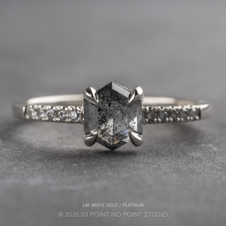 1.31 Carat Salt and Pepper Hexagon Diamond Engagement Ring, Jules Setting, Point No Point Studio. Available in a variety of metal types. Eco-friendly, Recycled Metals, Conflict Free.
