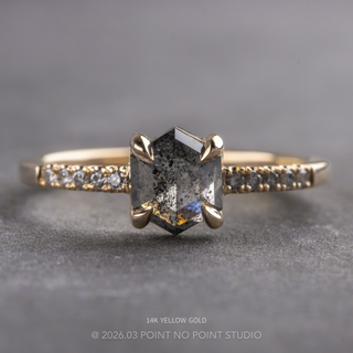 1.31 Carat Salt and Pepper Hexagon Diamond Engagement Ring, Jules Setting, Point No Point Studio. Available in a variety of metal types. Eco-friendly, Recycled Metals, Conflict Free.
