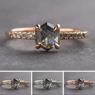1.31 Carat Salt and Pepper Hexagon Diamond Engagement Ring, Jules Setting, Point No Point Studio. Available in a variety of metal types. Eco-friendly, Recycled Metals, Conflict Free.