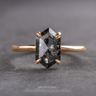 1.87 Carat Black Salt and Pepper Hexagon Diamond Engagement Ring, Jane Setting, Point No Point Studio. Available in a variety of metal types. Eco-friendly, Recycled Metals, Conflict Free.