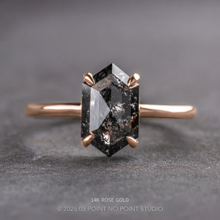 1.87 Carat Black Salt and Pepper Hexagon Diamond Engagement Ring, Jane Setting, Point No Point Studio. Available in a variety of metal types. Eco-friendly, Recycled Metals, Conflict Free.
