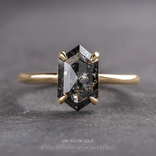 1.87 Carat Black Salt and Pepper Hexagon Diamond Engagement Ring, Jane Setting, Point No Point Studio. Available in a variety of metal types. Eco-friendly, Recycled Metals, Conflict Free.