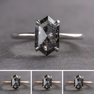 1.87 Carat Black Salt and Pepper Hexagon Diamond Engagement Ring, Jane Setting, Point No Point Studio. Available in a variety of metal types. Eco-friendly, Recycled Metals, Conflict Free.