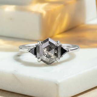 salt and pepper hexagon diamond ring