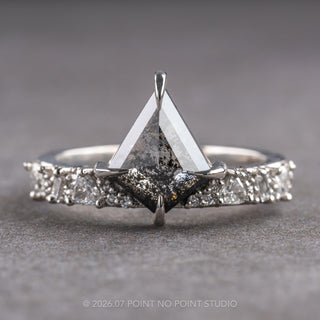 2.10 Carat Black Salt and Pepper Kite Diamond Engagement Ring, Stardust Setting, Platinum, Point No Point Studio. Eco-friendly, Recycled Metals, Conflict Free.