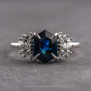 2.36 Carat Blue Hexagon Sapphire and Diamond Engagement Ring, Monarch Setting, Platinum, Point No Point Studio. Eco-friendly, Recycled Metals, Conflict Free.