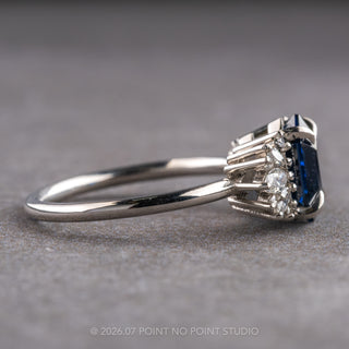 2.36 Carat Blue Hexagon Sapphire and Diamond Engagement Ring, Monarch Setting, Platinum, Point No Point Studio. Eco-friendly, Recycled Metals, Conflict Free.
