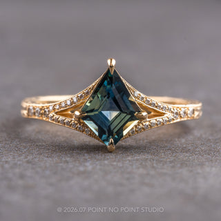 1.28 Carat Teal Kite Sapphire and Diamond Engagement Ring, Engraved River Setting, 14k Yellow Gold, Point No Point Studio. Eco-friendly, Recycled Metals, Conflict Free.
