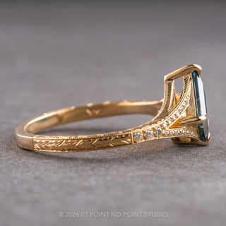 1.28 Carat Teal Kite Sapphire and Diamond Engagement Ring, Engraved River Setting, 14k Yellow Gold, Point No Point Studio. Eco-friendly, Recycled Metals, Conflict Free.
