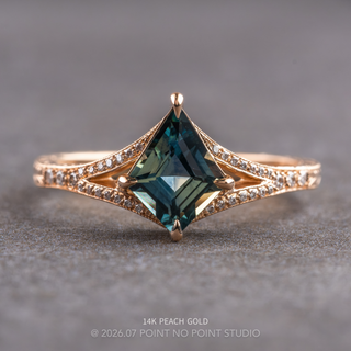 1.08 Carat Teal Kite Sapphire and Diamond Engagement Ring, Engraved River Setting, 14k Yellow Gold