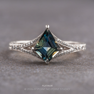 1.08 Carat Teal Kite Sapphire and Diamond Engagement Ring, Engraved River Setting, 14k Yellow Gold