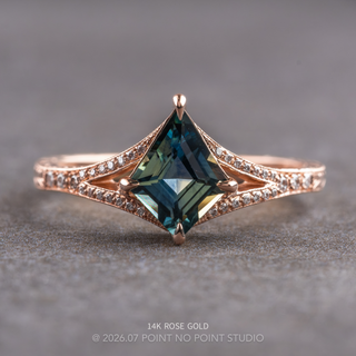 1.08 Carat Teal Kite Sapphire and Diamond Engagement Ring, Engraved River Setting, 14k Yellow Gold