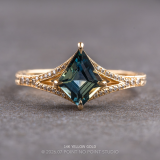 1.08 Carat Teal Kite Sapphire and Diamond Engagement Ring, Engraved River Setting, 14k Yellow Gold