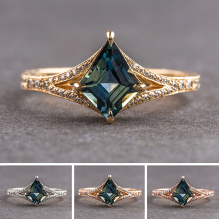 1.08 Carat Teal Kite Sapphire and Diamond Engagement Ring, Engraved River Setting, 14k Yellow Gold