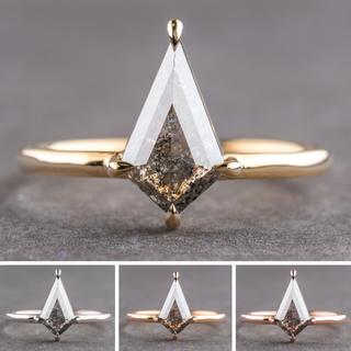 1.19 Carat Salt and Pepper Kite Diamond Engagement Ring, Jane Setting, Point No Point Studio. Available in a variety of metal types. Eco-friendly, Recycled Metals, Conflict Free.