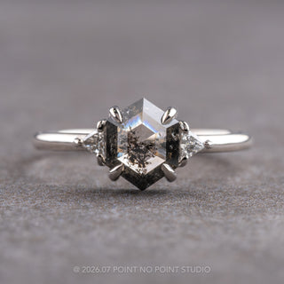 1.21 Carat Black Salt and Pepper Hexagon Diamond Engagement Ring, Zoe Setting, Platinum, Point No Point Studio. Eco-friendly, Recycled Metals, Conflict Free.