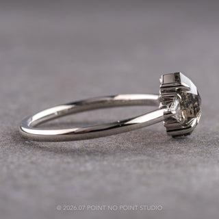 1.21 Carat Black Salt and Pepper Hexagon Diamond Engagement Ring, Zoe Setting, Platinum, Point No Point Studio. Eco-friendly, Recycled Metals, Conflict Free.
