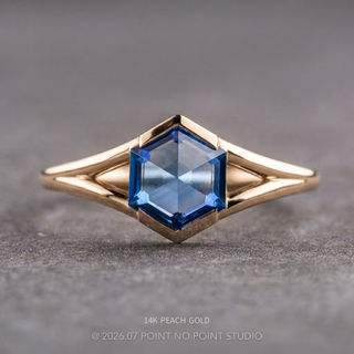 1.66 Carat Periwinkle Hexagon Sapphire Engagement Ring, Split Shank Jane Setting, Point No Point Studio. Available in a variety of metal types. Eco-friendly, Recycled Metals, Conflict Free.