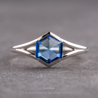 1.66 Carat Periwinkle Hexagon Sapphire Engagement Ring, Split Shank Jane Setting, Point No Point Studio. Available in a variety of metal types. Eco-friendly, Recycled Metals, Conflict Free.