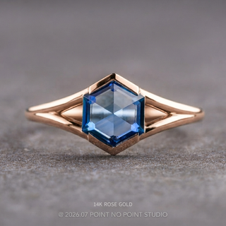 1.66 Carat Periwinkle Hexagon Sapphire Engagement Ring, Split Shank Jane Setting, Point No Point Studio. Available in a variety of metal types. Eco-friendly, Recycled Metals, Conflict Free.