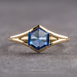 1.66 Carat Periwinkle Hexagon Sapphire Engagement Ring, Split Shank Jane Setting, Point No Point Studio. Available in a variety of metal types. Eco-friendly, Recycled Metals, Conflict Free.