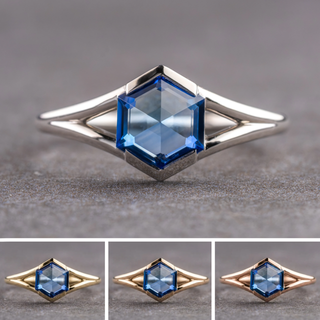 1.66 Carat Periwinkle Hexagon Sapphire Engagement Ring, Split Shank Jane Setting