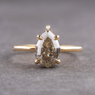2.10 Carat Canadian Salt and Pepper Geometric Pear Diamond Engagement Ring, Basket Jane Setting, 14k Yellow Gold, Point No Point Studio. Eco-friendly, Recycled Metals, Conflict Free.