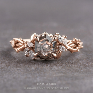 1.32 Carat Salt and Pepper Hexagon Diamond Engagement Ring, Ainsley Setting, Point No Point Studio. Available in a variety of metal types. Eco-friendly, Recycled Metals, Conflict Free.
